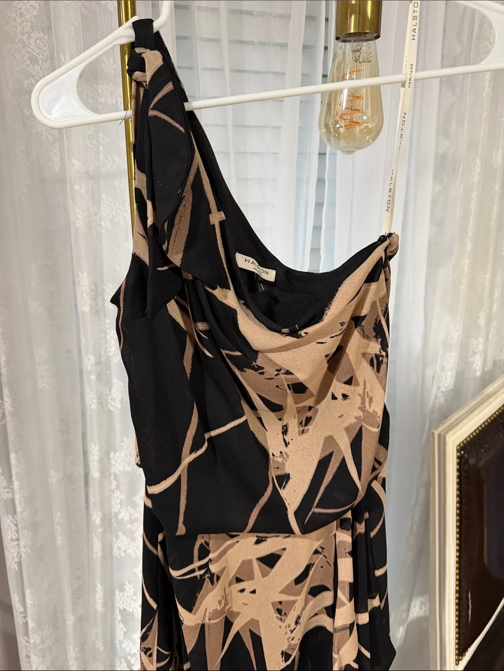 Halston Heritage Black One-Shoulder Gown with Beige Abstract Print - Picture 3 of 5